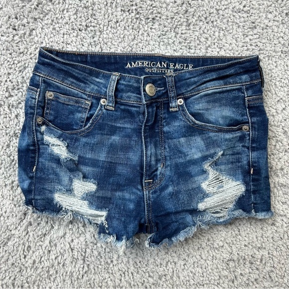 American Eagle Shorts Womens 2 Hi Rise Shortie Super Stretch X Raw Hem Denim Cut - Picture 1 of 5